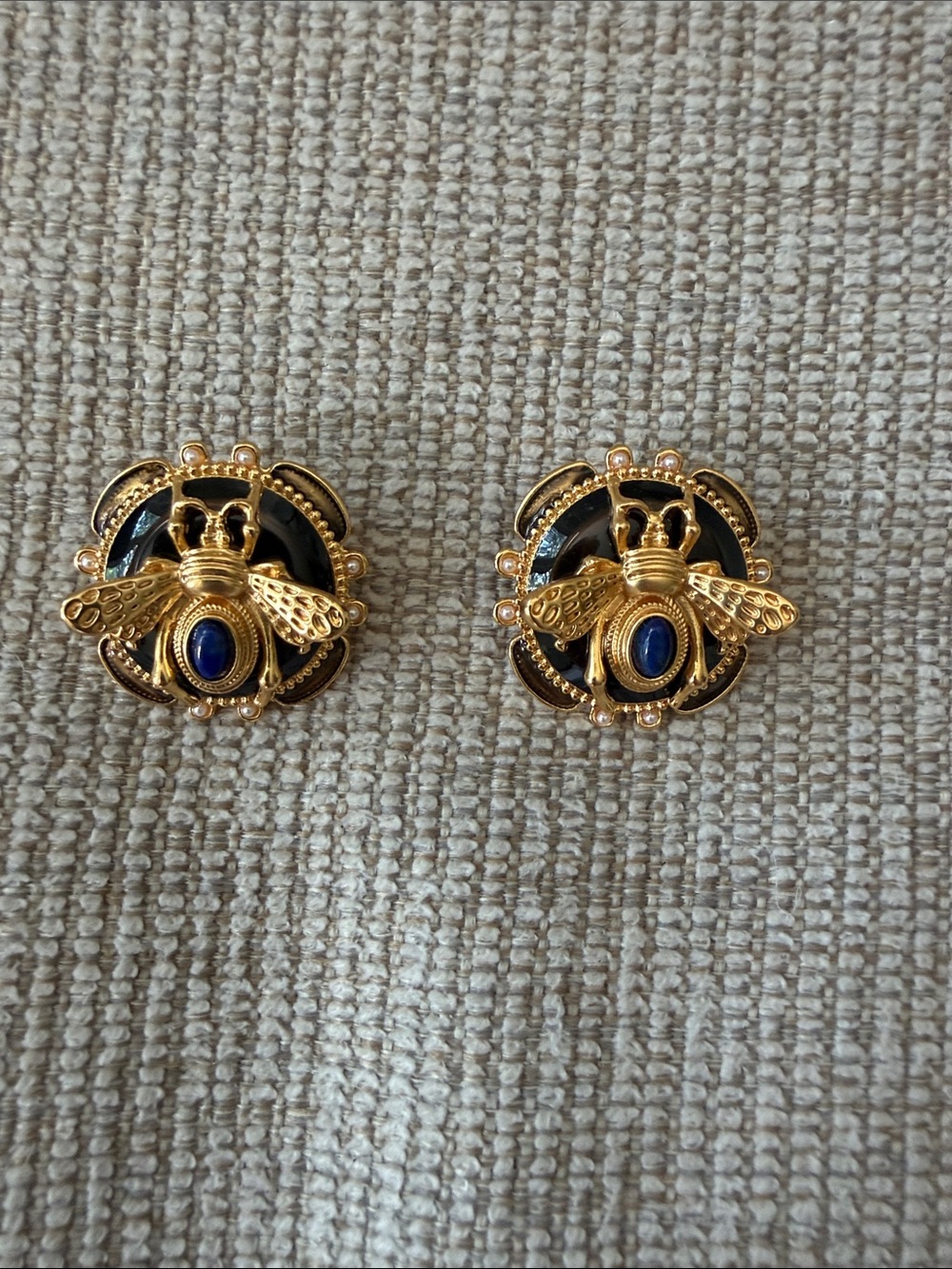Vintage Gold Bee Statement Earrings with Blue Accent